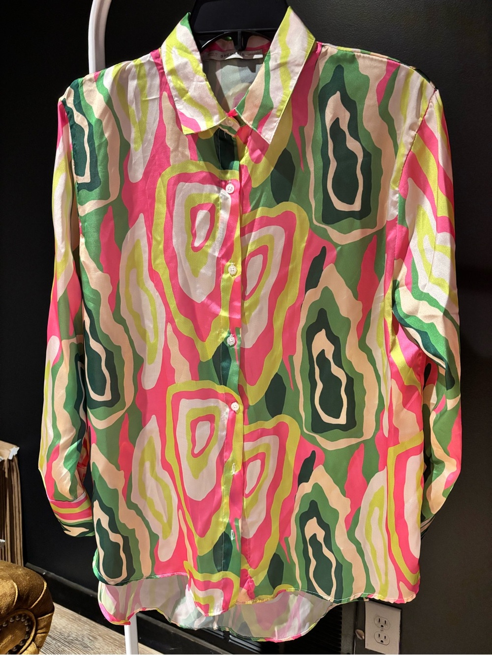 SHEPARIS Abstract Print Button-Up Blouse in Pink & Green